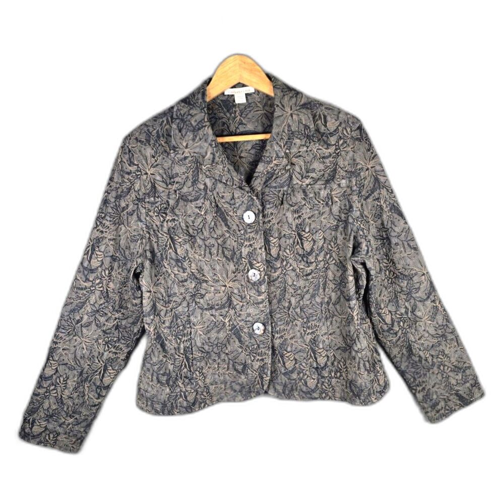 Coldwater Creek Jacquard Jacket Brown Black XL 18 Floral Cotton Blend Art